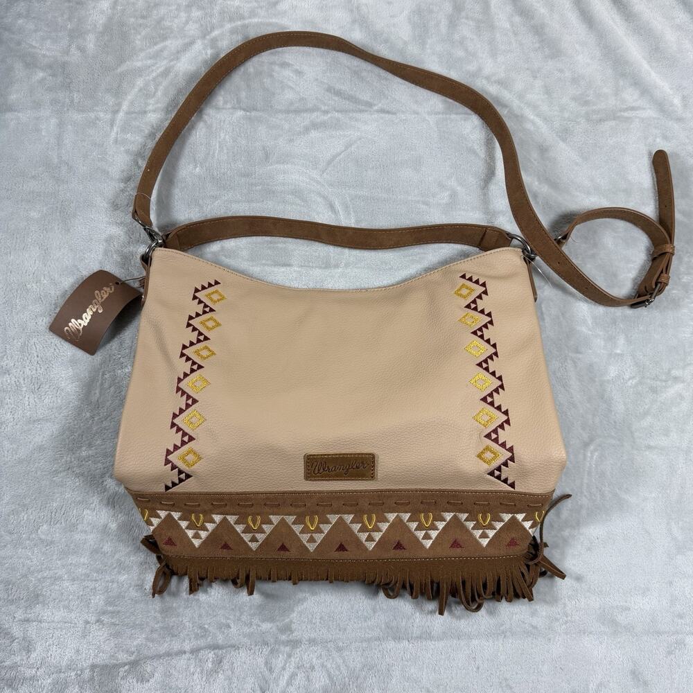 Wrangler Tan Western Aztec Fringe Shoulder Bag with Detachable Strap NEW